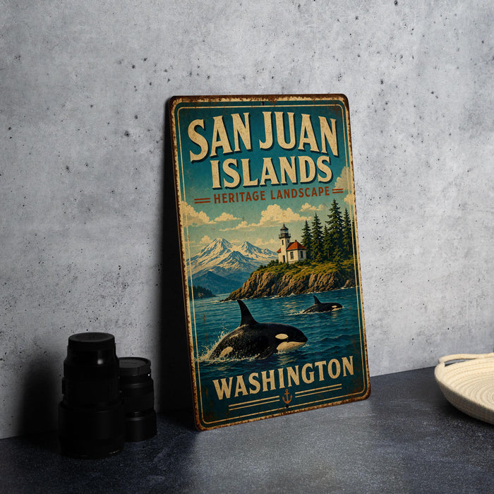 A vintage-style metal sign for San Juan Islands, Washington, featuring a lighthouse and orca whale in the ocean.