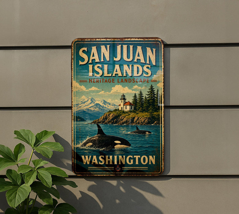 A vintage-style metal sign for San Juan Islands, Washington, featuring a scenic landscape with mountains, a lighthouse, and two orca whales in the water.