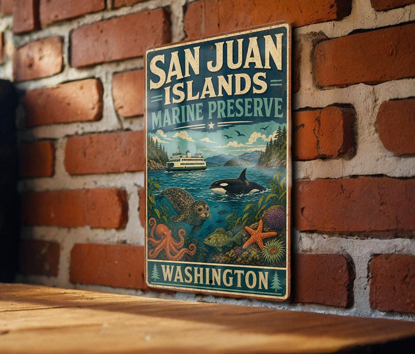 A vintage-style metal sign for the San Juan Islands Marine Preserve in Washington, featuring illustrations of marine life and a boat on the water.