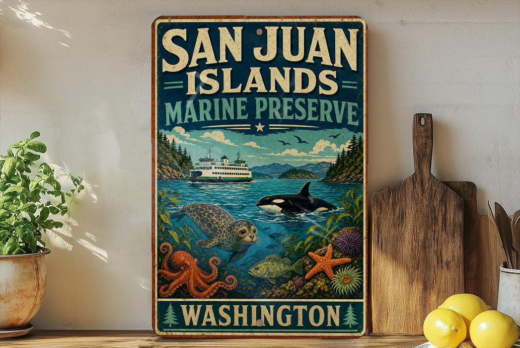 A vintage-style sign for San Juan Islands Marine Preserve in Washington, featuring illustrations of marine life such as an orca whale, a seal, and octopuses.