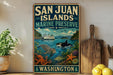 A vintage-style sign for San Juan Islands Marine Preserve in Washington, featuring illustrations of marine life such as an orca whale, a seal, and octopuses.
