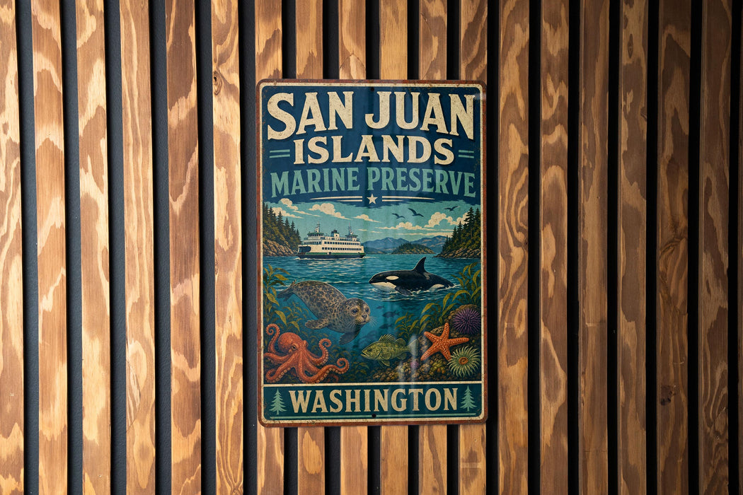 A metal sign with the text "SAN JUAN ISLANDS MARINE PRESERVE WASHINGTON" is displayed on a wooden wall.