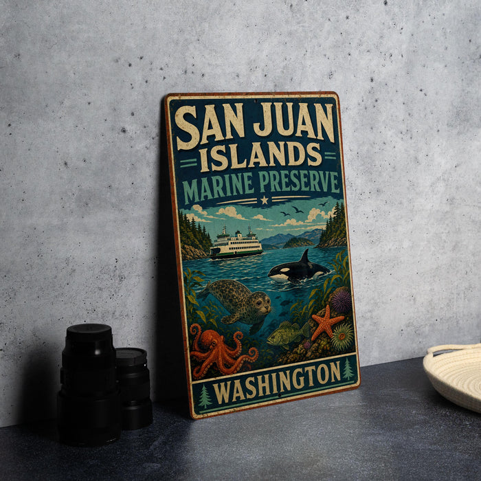 A vintage-style metal sign for San Juan Islands Marine Preserve in Washington, featuring an illustration of a boat, marine life, and a scenic landscape.