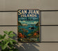 A metal sign with a colorful illustration of marine life, including a whale, octopus, and starfish, along with the text "San Juan Islands Marine Preserve Washington" displayed on a wall.