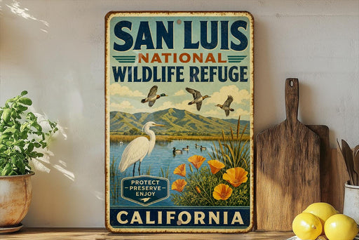 A vintage-style metal sign for San Luis National Wildlife Refuge in California, featuring an illustration of a bird, flowers, and mountains.