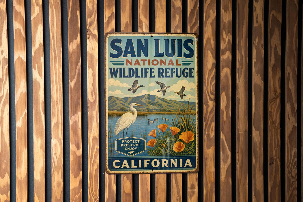 A vintage metal sign for the San Luis National Wildlife Refuge in California, featuring a bird and flowers, mounted on a wooden wall.