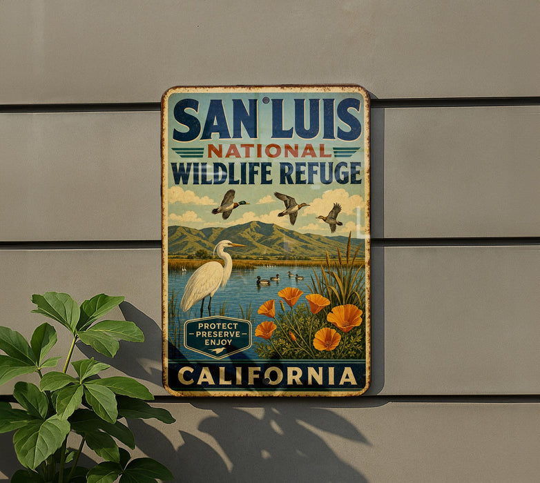 A vintage-style metal sign for the San Luis National Wildlife Refuge in California, featuring a bird, flowers, and a scenic landscape.