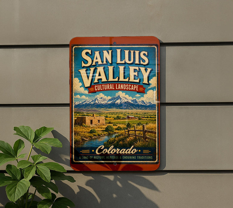 A vintage-style sign for San Luis Valley, Colorado, featuring a scenic landscape with mountains, a river, and a small building.