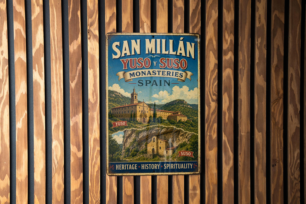 A vintage metal sign with text and an illustration of a building, mounted on a wooden wall.