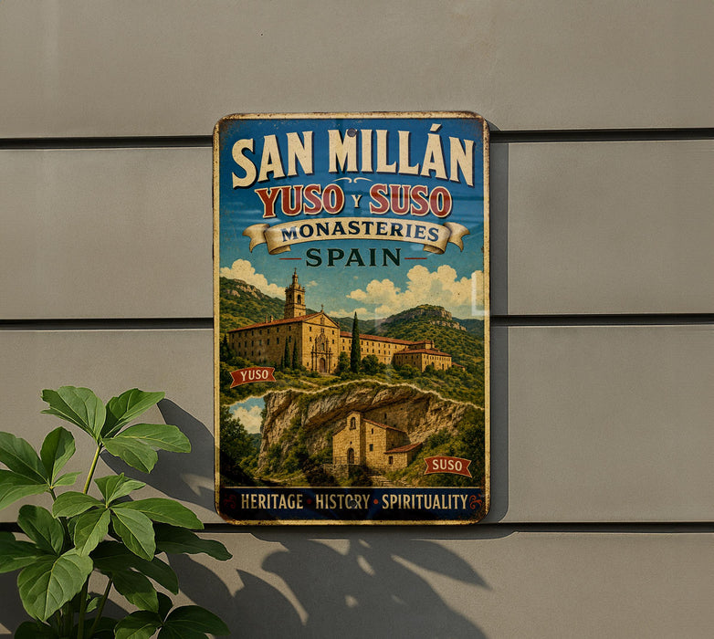 a vintage-style sign with a castle and mountains in the background, mounted on a wall.