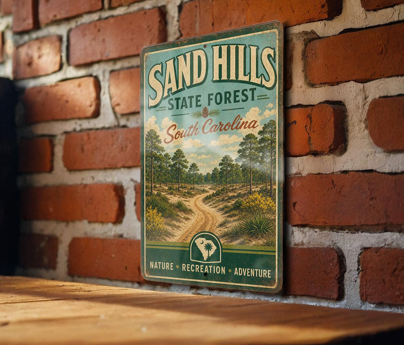 A vintage-style metal sign for the Sand Hills State Forest in South Carolina, featuring a scenic illustration of a dirt road surrounded by trees and vegetation.