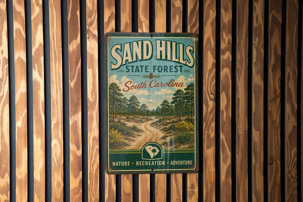 A vintage metal sign for the Sand Hills State Forest in South Carolina, featuring a scenic illustration of a forest trail.