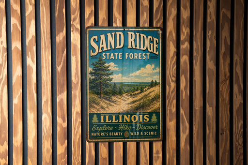A vintage metal sign for Sand Ridge State Forest in Illinois, featuring a scenic landscape with a pine tree and a dirt path.