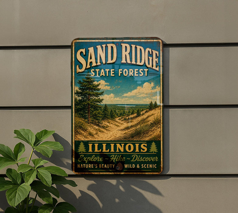 A vintage-style metal sign for the Sand Ridge State Forest in Illinois, featuring a scenic landscape with a pine tree and dunes.