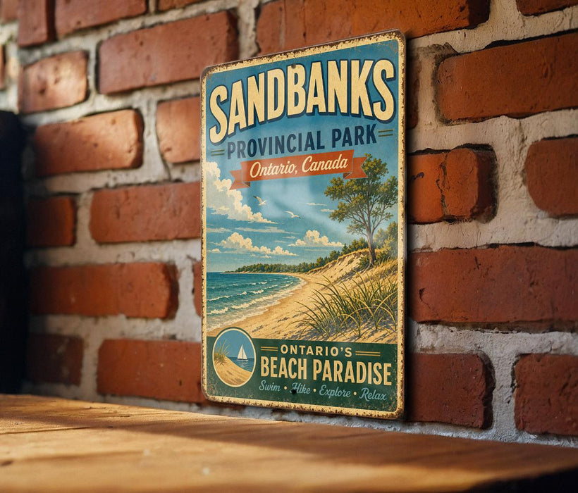 A vintage-style metal sign for Sandbanks Provincial Park, Ontario, Canada, featuring a beach scene with a tree and ocean.