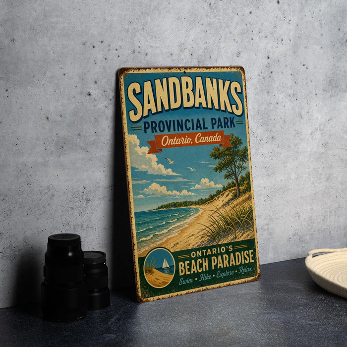 A vintage-style sign for Sandbanks Provincial Park, Ontario, Canada, featuring a beach scene and the text "Sandbanks Ontario Canada Beach Paradise Swim + Hike + Explore"