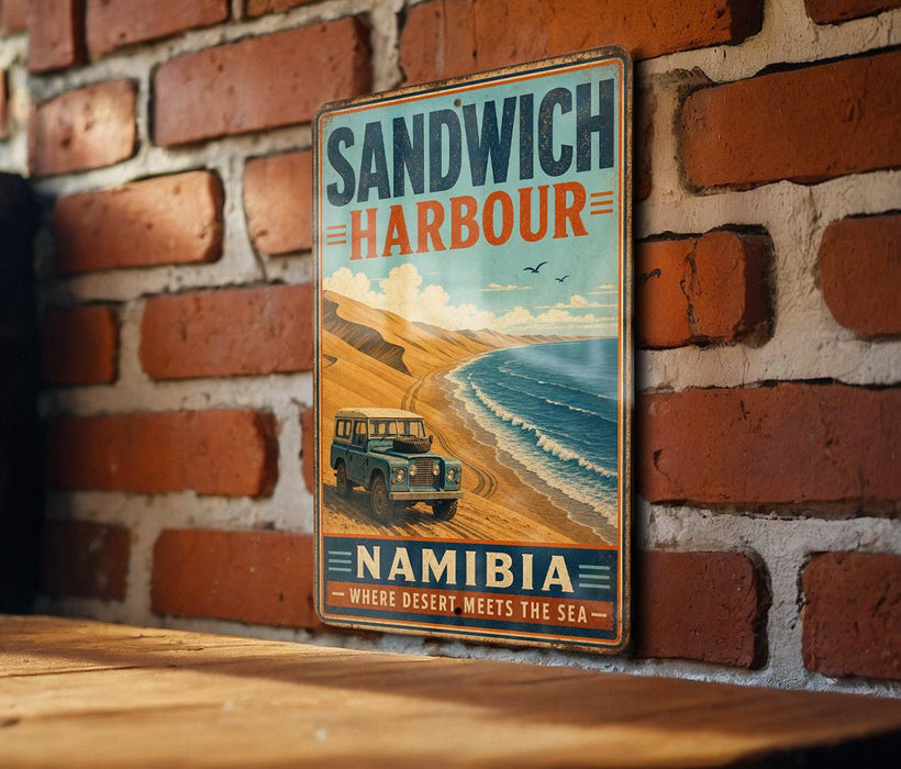 A vintage-style metal sign with the text "SANDWICH HARBOUR" and "NAMIBIA" hangs on a brick wall.