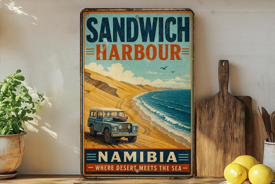 A vintage-style sign advertising "Sandwich Harbour Namibia" with a picture of a vehicle driving along a beach.