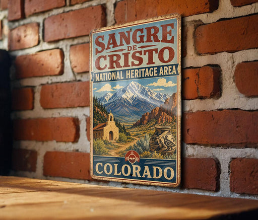 A vintage-style metal sign for the Sangre de Cristo National Heritage Area in Colorado, featuring a mountain landscape and a church.