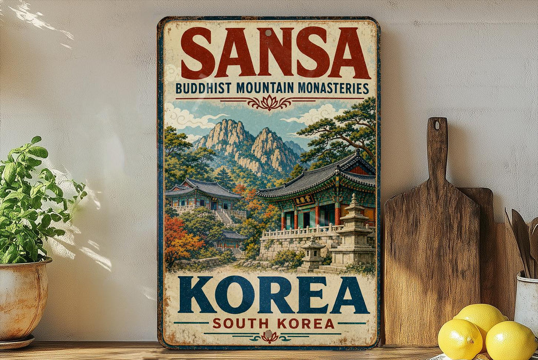 A vintage-style sign advertising the Sansa Buddhist Mountain Monasteries in South Korea, featuring a scenic mountain landscape with traditional Korean buildings.