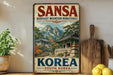 A vintage-style sign advertising the Sansa Buddhist Mountain Monasteries in South Korea, featuring a scenic mountain landscape with traditional Korean buildings.