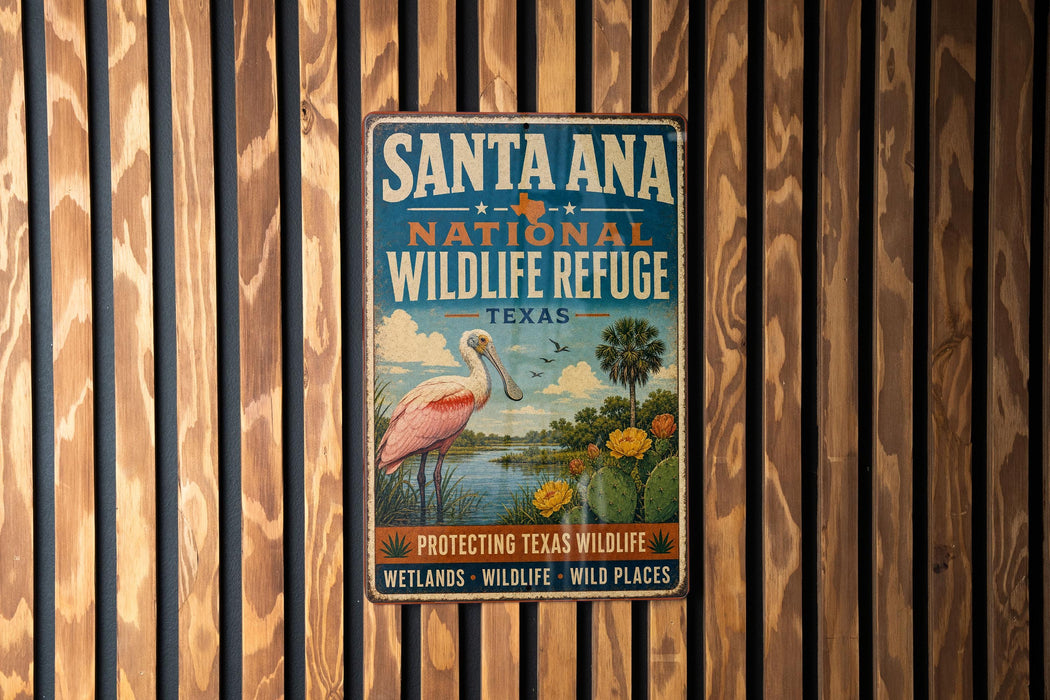 A vintage-style metal sign for Santa Ana National Wildlife Refuge in Texas, featuring a pink flamingo and a scenic landscape.