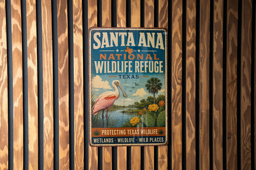 A vintage-style metal sign for Santa Ana National Wildlife Refuge in Texas, featuring a pink flamingo and a scenic landscape.