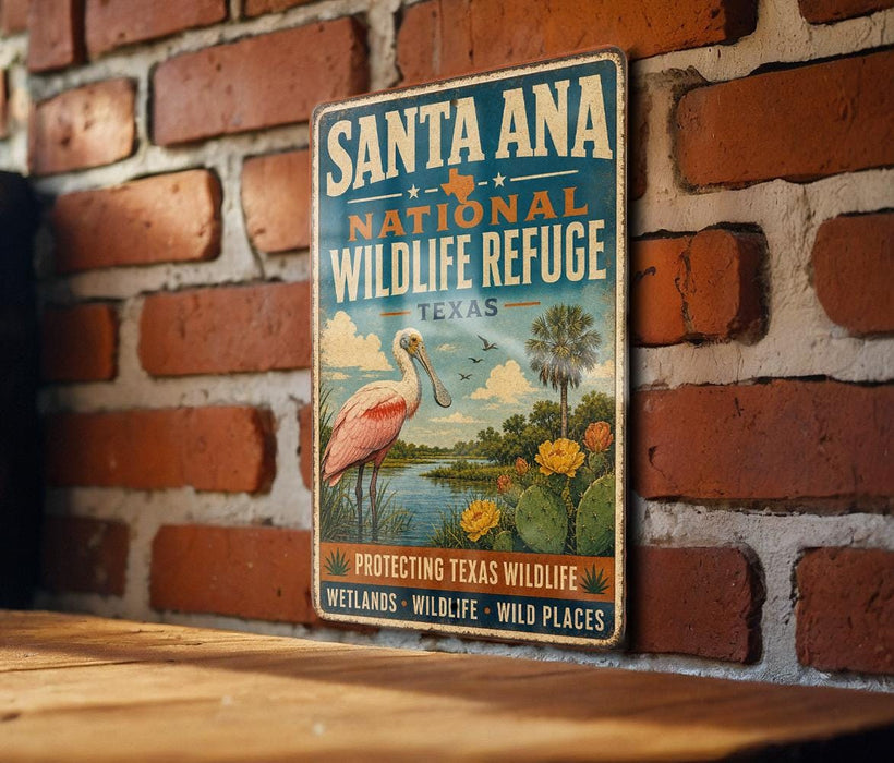 A vintage-style metal sign for Santa Ana National Wildlife Refuge in Texas, featuring an illustration of a pink flamingo and various wildlife elements.