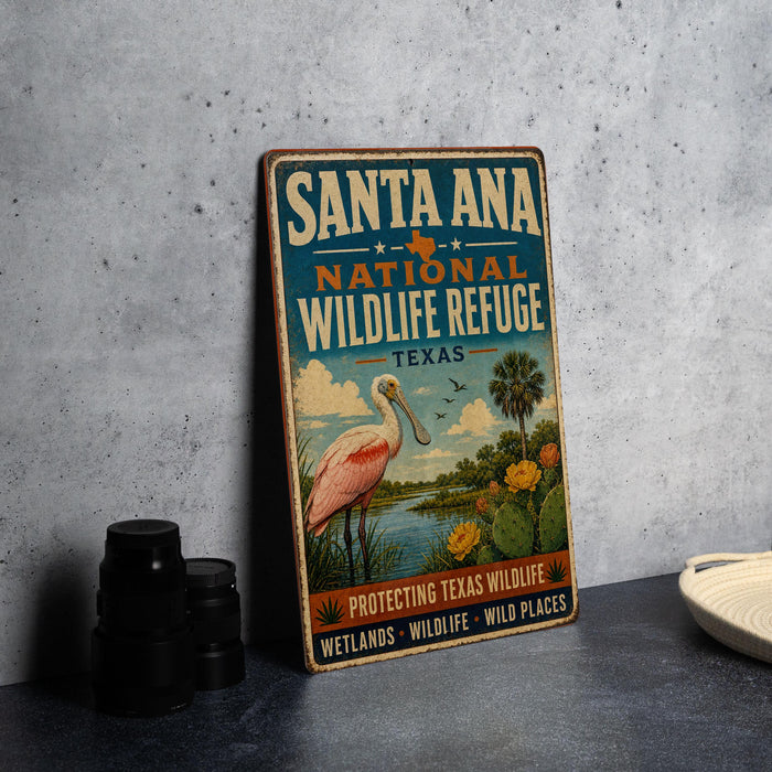 A vintage-style sign for the Santa Ana National Wildlife Refuge in Texas, featuring an illustration of a pink egret and various wildlife elements.