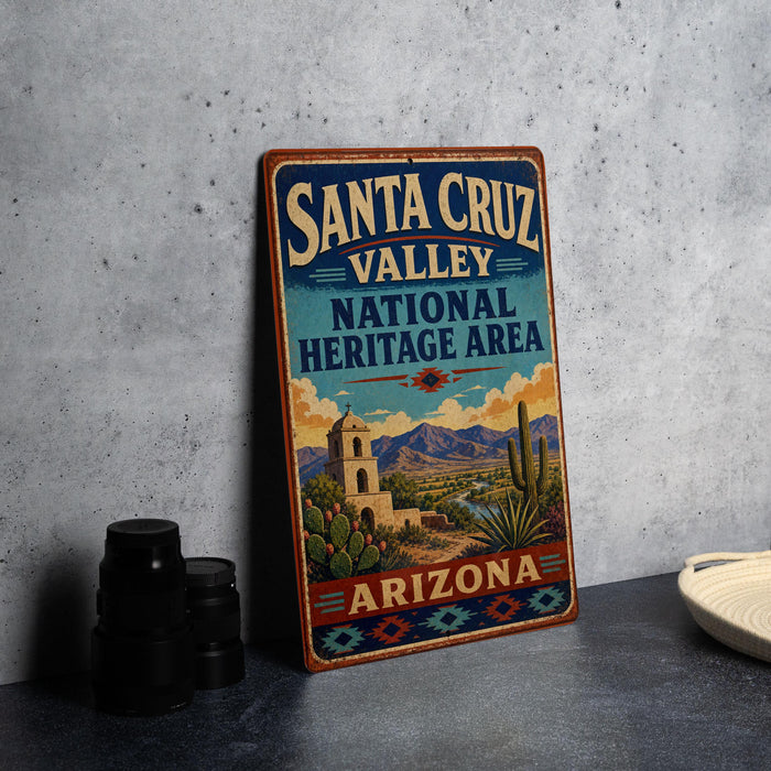 A vintage-style sign for Santa Cruz Valley National Heritage Area in Arizona, featuring a desert landscape with mountains, cacti, and a bell tower.
