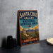 A vintage-style sign for Santa Cruz Valley National Heritage Area in Arizona, featuring a desert landscape with mountains, cacti, and a bell tower.