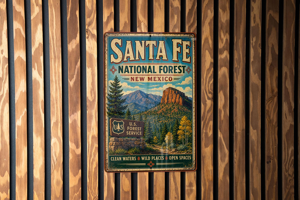 A vintage metal sign for Santa Fe National Forest in New Mexico, featuring a scenic mountain landscape.