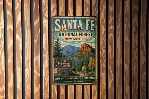 A vintage metal sign for Santa Fe National Forest in New Mexico, featuring a scenic mountain landscape.