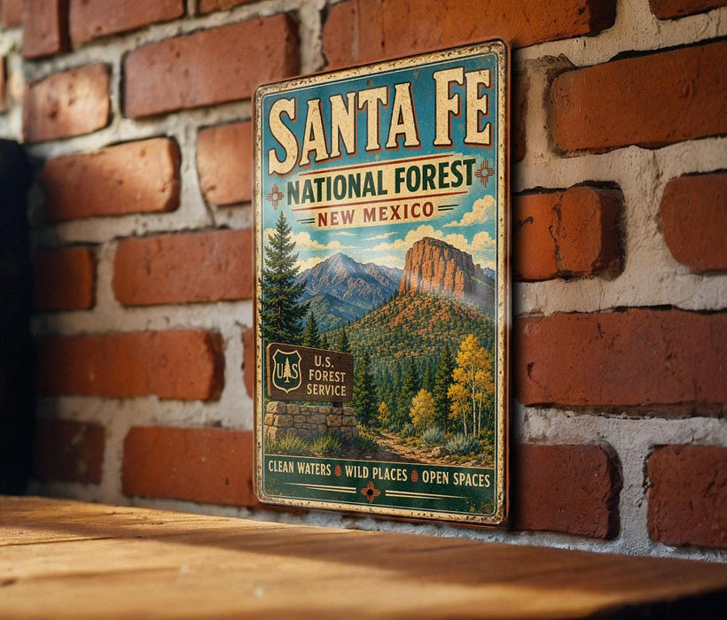 A vintage-style metal sign for Santa Fe National Forest in New Mexico, featuring a scenic mountain landscape and text indicating the forest's role in preserving clean waters and open spaces.