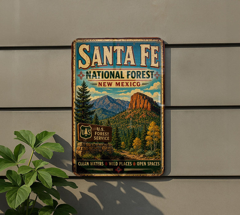 A vintage-style metal sign for Santa Fe National Forest in New Mexico, featuring a scenic mountain landscape with pine trees and a sign for the U.S. Forest Service.