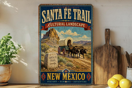 A vintage-style poster advertising the Santa Fe Trail in New Mexico, featuring a wagon train traveling through a desert landscape with mountains in the background.
