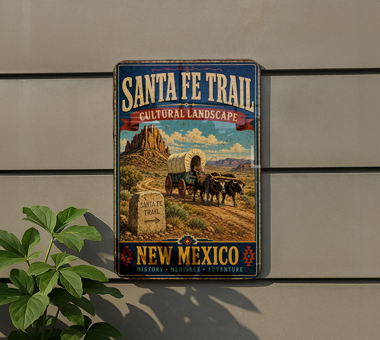 A vintage-style metal sign for the Santa Fe Trail in New Mexico, featuring an illustration of a wagon train traveling through the desert landscape.