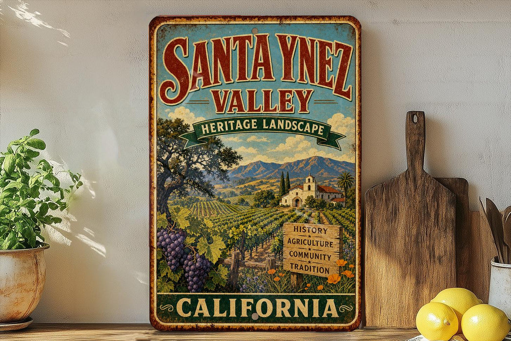 A vintage-style metal sign for Santa Ynez Valley, California, featuring a scenic landscape with vineyards, mountains, and a church.
