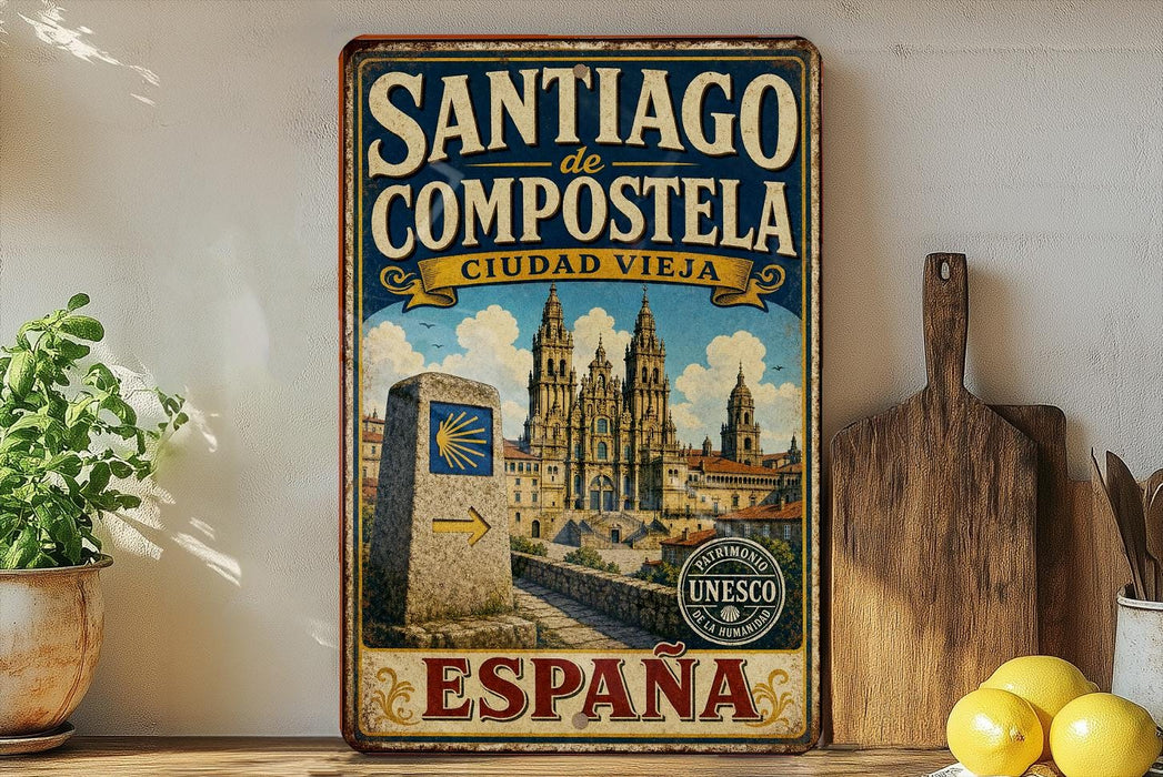 A vintage-style sign for "SANTIAGO de COMPOSTELA CIUDAD VIEJA" (Santiago Compostela, Cienada Vieja) is displayed on a wall, with a potted plant and kitchen utensils visible in the foreground.