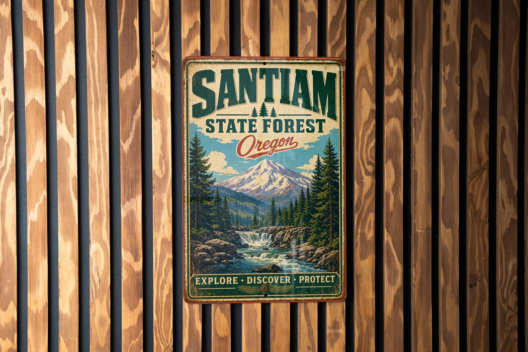 A vintage metal sign with the text "SANTIAM A STATE FOREST OREGON EXPLORE • DISCOVER • PROTECT" is displayed on a wooden wall.