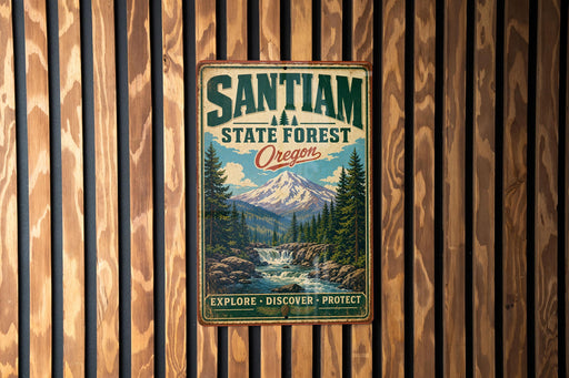 A vintage metal sign with the text "SANTIAM A STATE FOREST OREGON EXPLORE • DISCOVER • PROTECT" is displayed on a wooden wall.