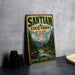 A vintage-style metal sign for Santiam State Forest in Oregon, featuring a scenic mountain landscape with a waterfall.