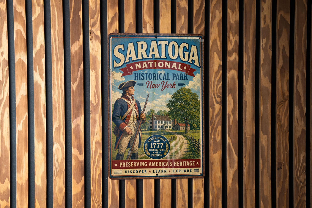 A vintage-style metal sign for Saratoga National Historical Park in New York, featuring a depiction of a man in a historical uniform and the text "Preserving America's Heritage" and "Discovery, Learning, Exploring".