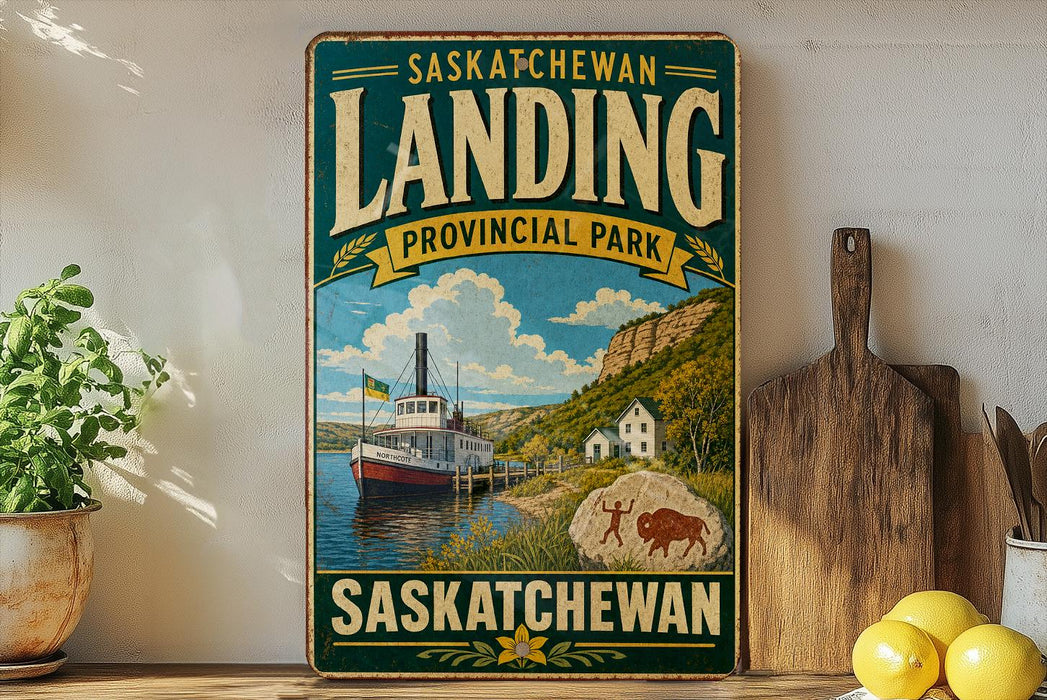 A vintage-style sign for "Saskatchewan Landing" in the Canadian province of Saskatchewan, featuring a scenic image of a boat on a lake and a small village in the background.