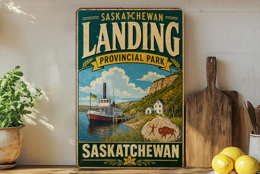 A vintage-style sign for "Saskatchewan Landing" in the Canadian province of Saskatchewan, featuring a scenic image of a boat on a lake and a small village in the background.