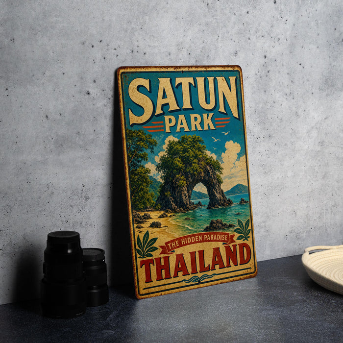 A vintage-style metal sign for Satun Park in Thailand, featuring a tropical landscape with a rock formation and palm trees.