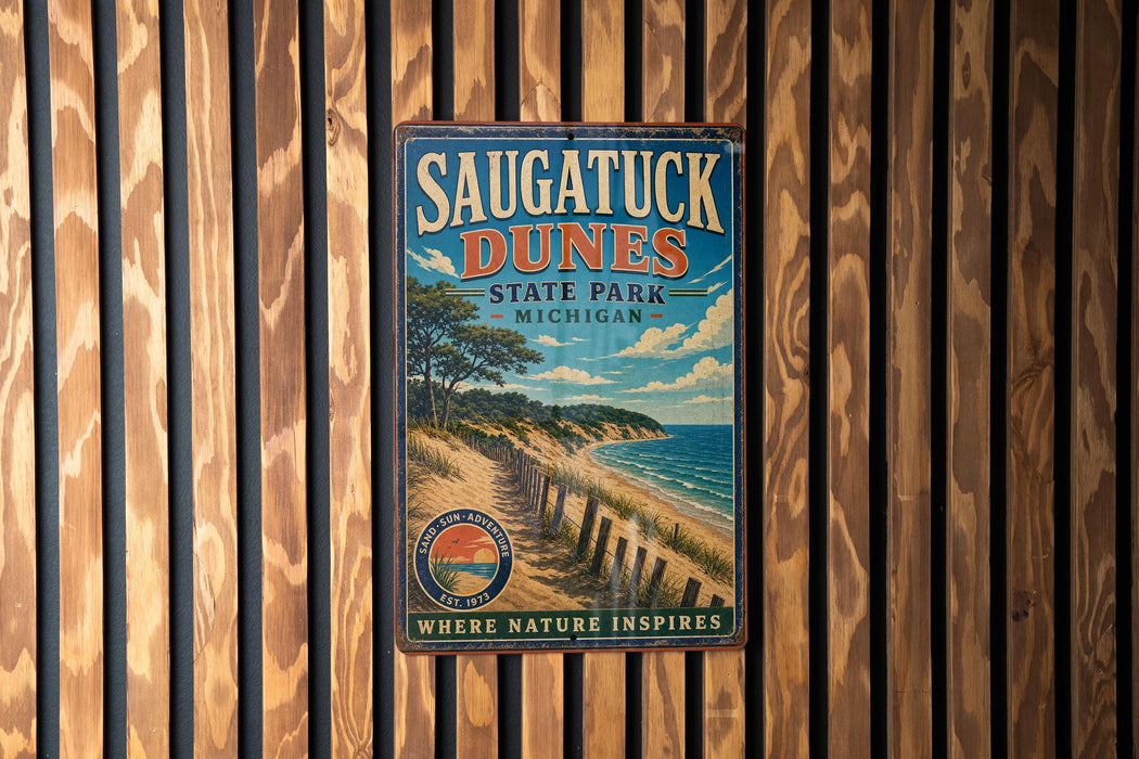 A vintage metal sign for Saugatuck Dunes State Park in Michigan, featuring a scenic beach and ocean landscape.