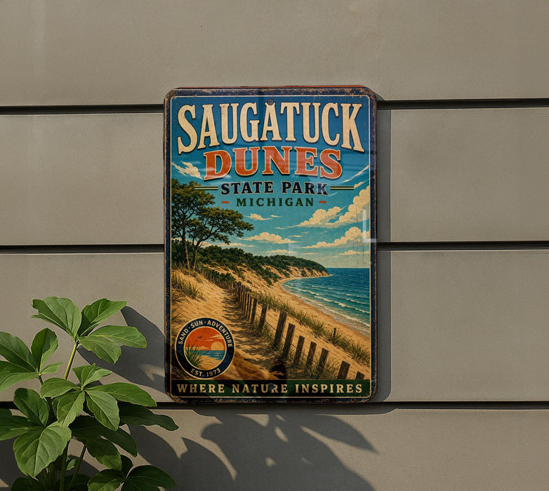 A vintage metal sign for Saugatuck Dunes State Park in Michigan, featuring a scenic beach landscape with a cliff and trees.