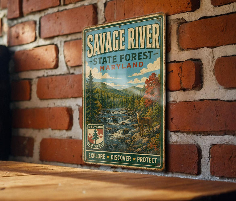 A vintage metal sign for Savage River State Forest in Maryland, featuring a scenic illustration of a waterfall and forest.