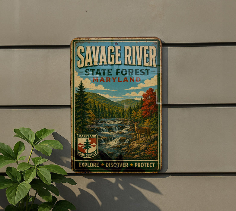 A vintage metal sign for Savage River State Forest in Maryland, featuring a scenic image of a waterfall and forest.